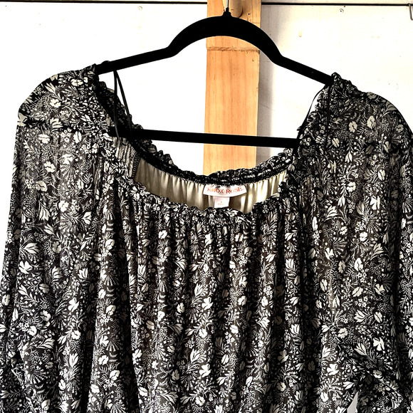 Maxi Dress SZ L Black Green Cottagecore Peasant Prairie Boho Long Sleeve Tiered - Picture 2 of 10